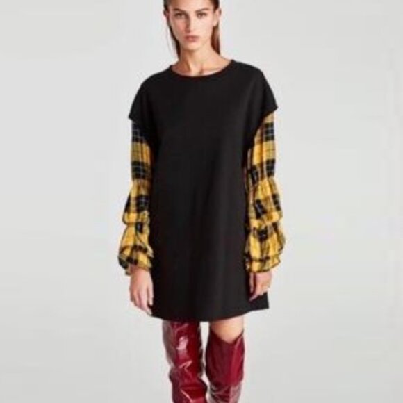 Zara Plaid Sleeve Tunic Sweater Dress - Picture 1 of 6